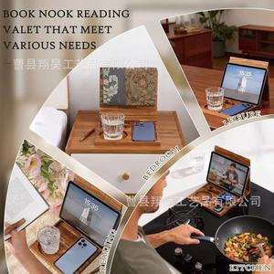 Support de lecture en bois pour bureau, avec porte-gobelet et support pour téléphone, organisateur pliable en bois massif pour livres et collations - Product Image 3