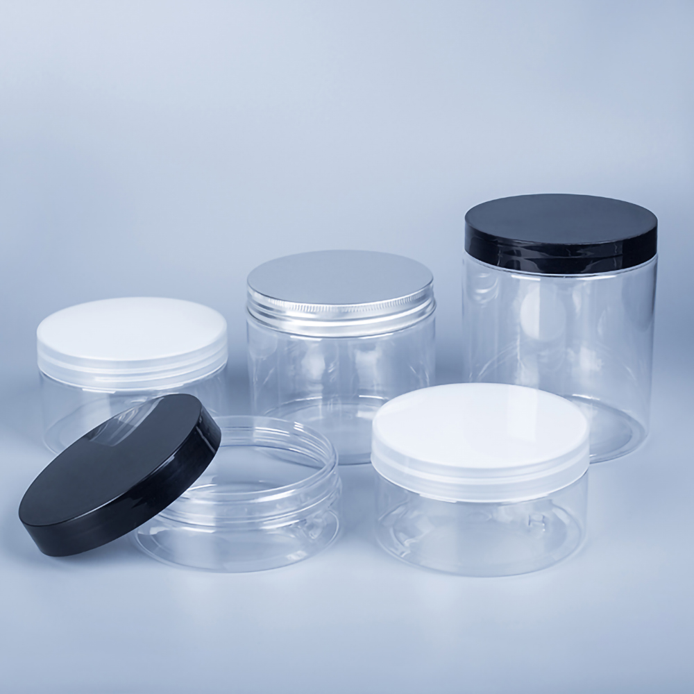 100ml 150ml 200ml 500ml Clear PET Round Wide Mouth Plastic Jars 2 oz 6oz 16oz Powder Butter Cream White Jar with Black Lids Seal