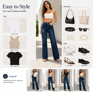 Jeans a Vita Alta e Gamba Larga in Denim Strappato per Donna, Stile Casual e Comodo, Lunghezza Intera, Blu, in Cotone, Stile Autunnale - Product Image 6