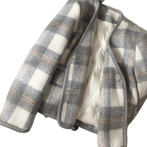 Women's Gray White Checkered Wool Coat Full Sleeve A Shape Warm Casual Outerwear Autumn Winter 2025 - Product Image 5