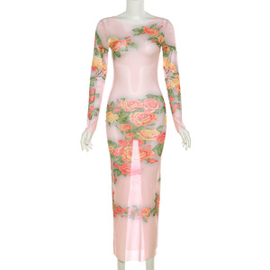 ชุดเดรสแม็กซี่รัดรูปแขนยาวพิมพ์ลายดอกไม้ผ้าเนื้อบาง - Product Image 4