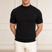 Pull côtelé à col montant court pour homme avec logo personnalisé, haut décontracté basique, tricot côtelé, tee-shirt uni, été, vente en gros OEM