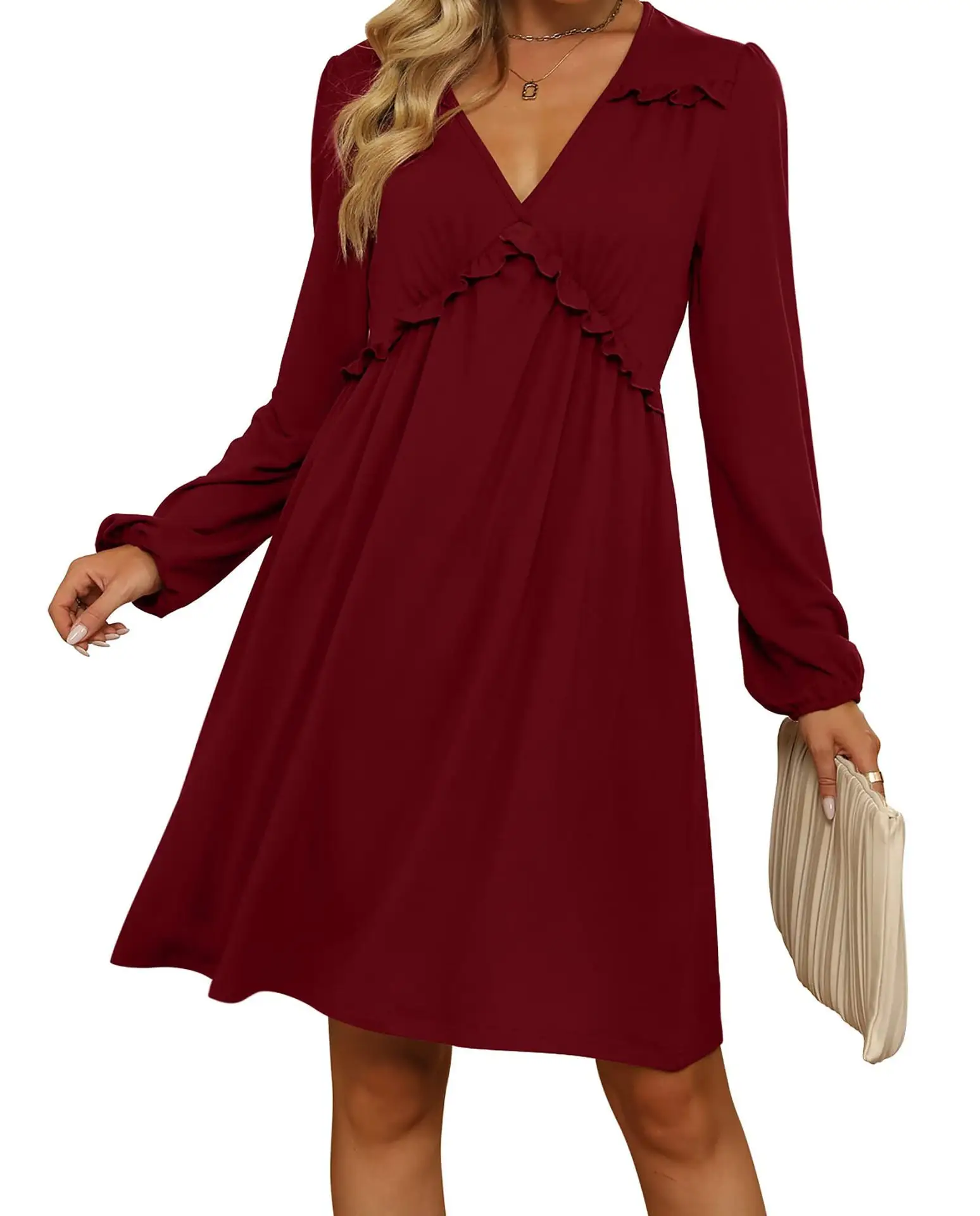 2023 Women's Long Sleeve Dresses Bubble Sleeve Elegant Lace Knee Length V Neck Casual Dressed Ladies Girls