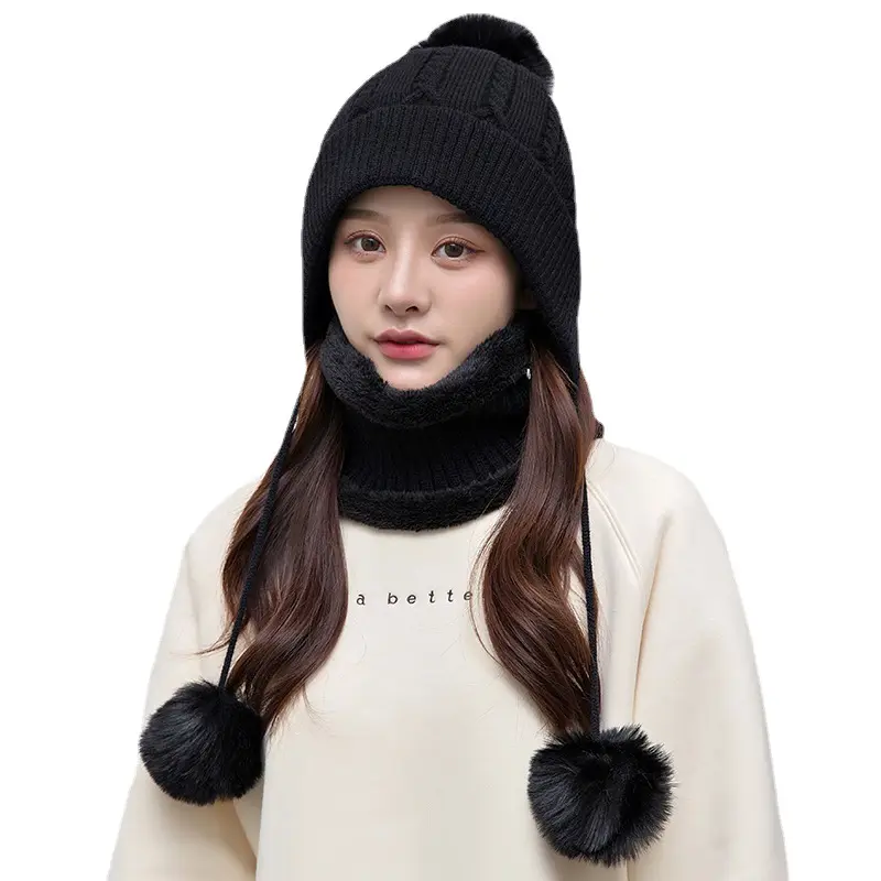 Women Winter Beanie Hat Peruvian Circle Scarf Set Ski Ear Flaps Caps Dual Layered Fleece Lined Pompoms