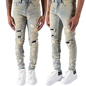 Jeans pour hommes personnalisés, style Destroyed, coupe crayon, effet adouci, coupe slim, avec trous élastiques, effet empilé, style Rock Revival, faible MOQ - Product Image 1