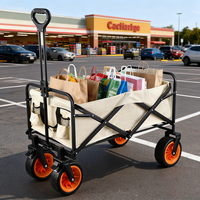 Chariot de camping pliable d'extérieur extra large en tissu Oxford avec cadre en acier au carbone, beige et noir, robuste, avec poignée télescopique