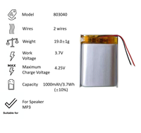 Baterai litium polimer 803040-2, baterai pengganti 2 kabel 1000mAh 3.7V 803040, baterai isi ulang kapasitas tinggi