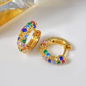 Hypoallergenic 18K Gold Plated Rainbow Round Hoops Paved Cubic Zirconia Diamond Huggies Hoop <b>Earrings</b> - Product Image 5