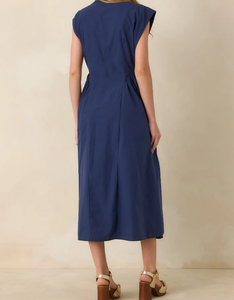 Summer <strong>Navy</strong> Blue Collared Cap Sleeve Maxi Shirt <strong>Dress</strong> for Women Waisted A-Line Casual <strong>Work</strong> Sundress With Side Pockets - Product Image 2