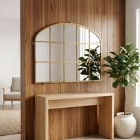 Arched Grid Wall Mirror Gold Metal Frame Window Pane Mirror Vintage Farmhouse Decorative Wall Mirror for Living Room Entryway