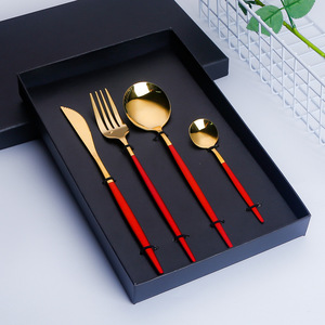 Gold Titanium Plated Stainless Steel Steak Knife <b>Fork</b> <b>Spoon</b> <b>Set</b> 4 Piece Western Cutlery For Business Gifts - Product Image 2