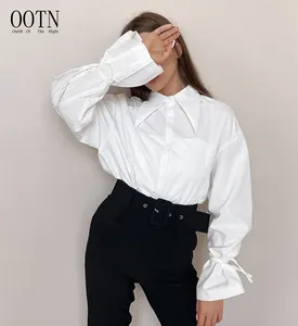 Ootn camisa solta feminina de renda, trabalho casual coreano gola virada para baixo manga comprida camisa branca elegante para mulheres
