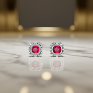 Orecchini a lobo E2470 in oro bianco con rubino, montatura a griffe geometrica, gioielli classici da donna - Product Image 2