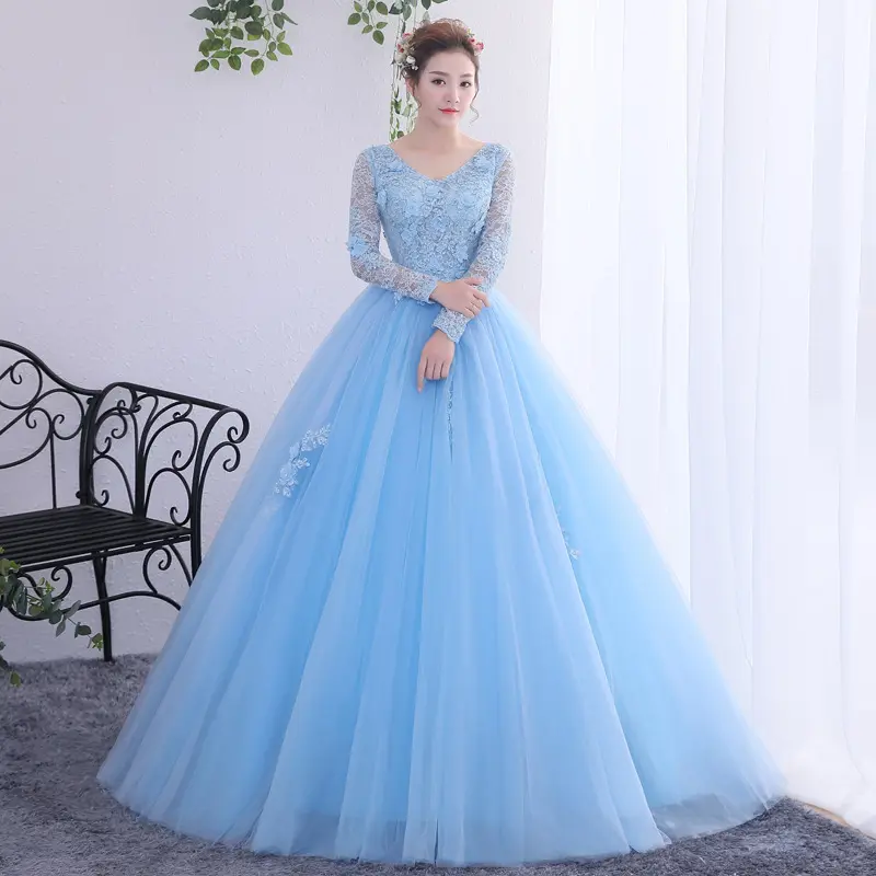 Laidy Fashion Spring Summer Women's V-neck Wedding Dress Light Blue Lace Long Sleeve Party Evening Party Dresses ecoparty