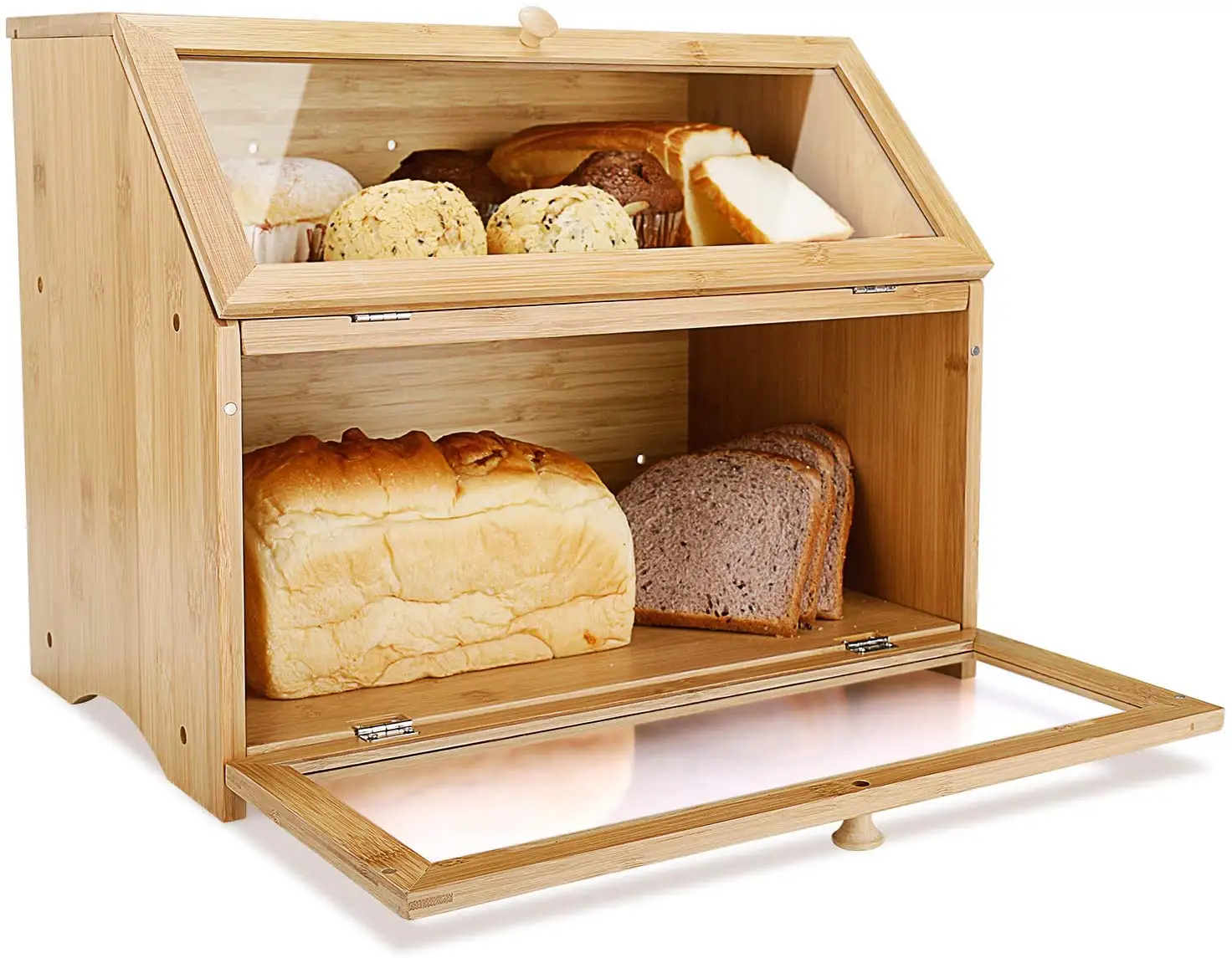 Keuken Grote Capaciteit Voedsel Brood Opslag Retro Dubbeldekker Bamboe Brood Bin 2-Layer Natuurlijke Bamboevezel Brood Doos