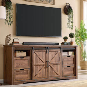 Grand meuble TV de ferme marron 4 tiroirs de porte de grange coulissante Console multimédia rustique étagères de rangement salon support de télévision en bois - Product Image 1