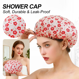 Sujie – <span class=keywords><strong>Bonnet</strong></span> <span class=keywords><strong>de</strong></span> douche élégant pour <span class=keywords><strong>femme</strong></span>, motif petite fleur rouge, en PE imperméable et sûr, confortable et portable pour la douche quotidienne - Product Image 3