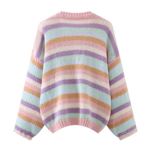Cardigan tricoté à rayures arc-en-ciel pour femmes, manteau pull couleur bonbon en coton pour petites femmes - Product Image 2