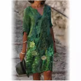 Robe imprimée col en V pour femme, grande taille, style vintage, manches trois-quarts, confortable, tenue de soirée, motif noir et or - Product Image 3
