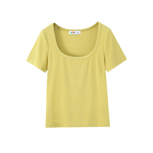 Camiseta de Talla Grande para Mujer Lucky Tea, Color Amarillo Mostaza, Cuello Cuadrado, Manga Corta, Color Sólido, Tejido Elástico, Corte Ajustado, para Uso Diario - Product Image 1