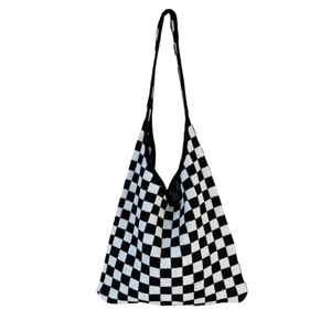 Bolso de mano estilo Hobo clásico de moda coreana, bandolera de punto de Color contrastante con patrón de cuadros de ganchillo - Product Image 1