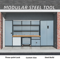 Ensemble d'armoires à outils modulaires en acier robuste, poste de travail avec plateau en bois, panneau perforé, tiroirs et casiers pour garage automobile
