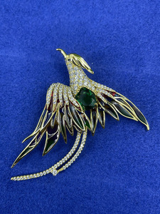 Broche en argent 925 avec émeraude cultivée, oiseau en émail de luxe, bijoux multicolores tendance pour hommes et femmes L - Product Image 3