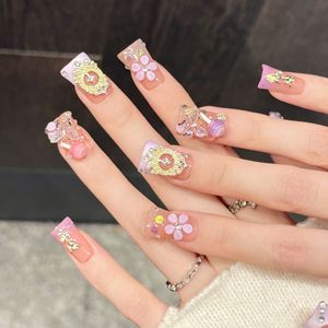 <span class=keywords><strong>Uñas</strong></span> Postizas con Diseño de Flores 3D, Estilo Dulce, Degradado <span class=keywords><strong>Rosa</strong></span> Melocotón, Decoradas con Diamantes, para un Look Femenino y Bonito - Product Image 3