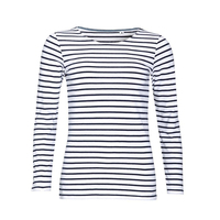 T-shirt à rayures à manches longues coupe ajustée pour femmes Classic-Crewneck Tops with Button Decoration Scoop Neck Tee