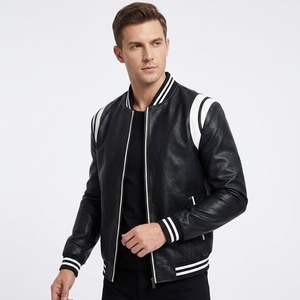 Chaqueta Varsity de Cuero Genuino para Hombre, Chaqueta Bomber de Béisbol Negra y Blanca con Cierre, Ropa Exterior Casual de Cuero - Product Image 1