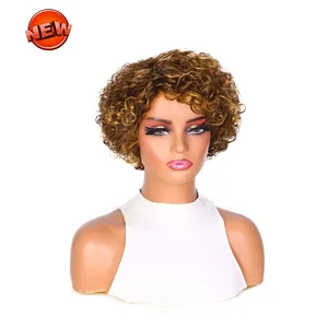 Peruca de cabelo humano curto com corte pixie, cor marrom mista barata, peruca encaracolada afro, feita à máquina, sem cola, para mulheres