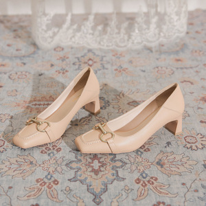 Zapatos de Tacón Alto para Mujer, de Cuero Genuino, con Punta Cuadrada, Decoración de Hebilla, Tacón Cuadrado, Estilo Mary Jane - Product Image 2