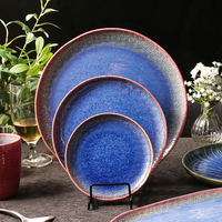 WEIYE assiettes en glaçure de chine japonaise assiettes cassables ensemble assiettes rondes en céramique bleues et roses pour buffet de restaurant