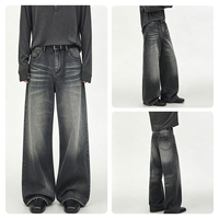 Pantalon en jean noir et gris style rétro américain, coupe ample, épais, délavé, effet usé, tendance, décontracté, jambe droite et large