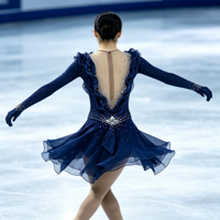 Robe de patinage artistique bleu marine à volants, jupe en mousseline de soie dos nu ornée de strass, costume de performance à manches longues pour compétition, personnalisable OEM