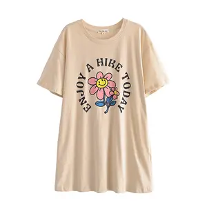 R13656S Kaus Aprikot Gambar Bunga Matahari Wanita, T-shirt Besar Mode Eropa dan Amerika Musim Semi untuk Wanita