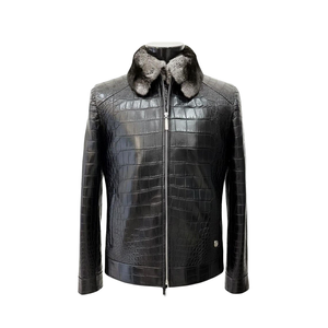 Veste en cuir véritable pour homme, motif crocodile, fermeture éclair, col en fourrure, manteau d'hiver - Product Image 1