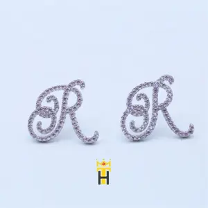 Wholesale gold plated fashion hip hop iced out pink cz diamond 925 silver letter R stud earring