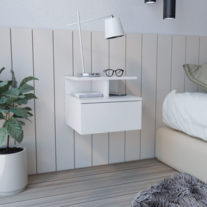 Mesita de noche flotante Adele blanca con cajón y estantes abiertos para dormitorio - Product Image 1