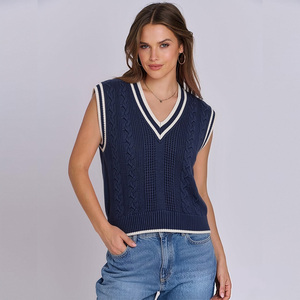 Gilet en tricot sans manches à col en V pour femme, style preppy, couleur unie, vêtement d'automne, 100% acrylique, anti-boulochage - Product Image 2