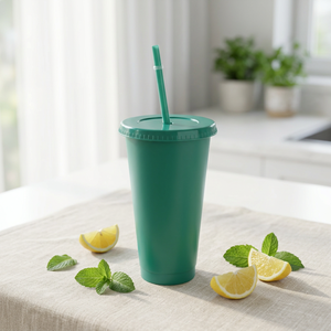 Gobelet réutilisable en plastique PP écologique à paroi simple de 710 ml (24 oz) avec couvercle à vis et paille, couleur unie, pour café glacé et bouteille d'eau - Product Image 4