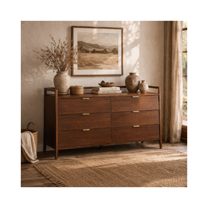 Commode en bois de style Mid-Century Modern avec 6 tiroirs, longue armoire de rangement pour chambre à coucher, salon, meubles de maison - Product Image 1