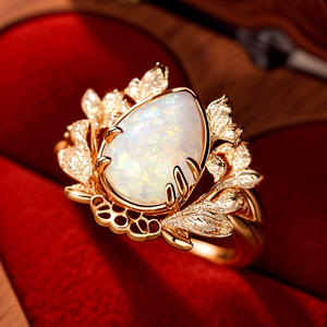 Anello A005 con Opale, Oro Massiccio 18K Placcato Oro Rosa, Gemma Taglio a Pera, Design a Pianta, Gioiello Raffinato da Donna per Fidanzamento - Product Image 3