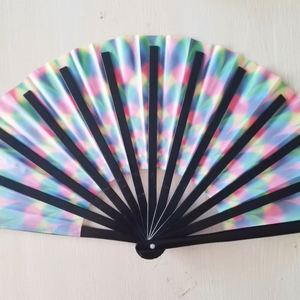 Éventails pliants en bambou noir et rose 33CM, surface en tissu arc-en-ciel écologique peinte, éventail de danse japonais, vente en gros - Product Image 2