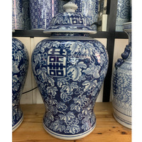 Style chinois Double bonheur grand pot de gingembre en céramique bleu blanc peint à la main Vase de sol en porcelaine urne décorative et ornements