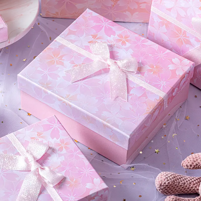 Caja de cartón de lujo para flores de cerezo rosa, caja de regalo de Navidad con cinta