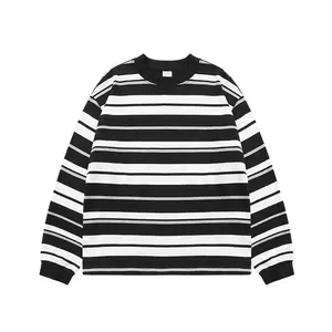 New Fashion Couple&#39;s Base Shirt Round Neck Long Sleeve T-shirt Customization Contrast Color Striped Autumn and Winter Men