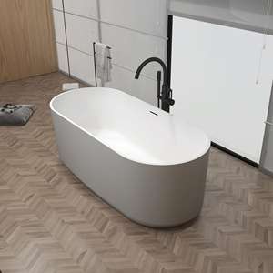 Baignoire autoportante ovale minimaliste en pierre artificielle, finition blanc mat, surface solide, pour salle de bain moderne - Product Image 1