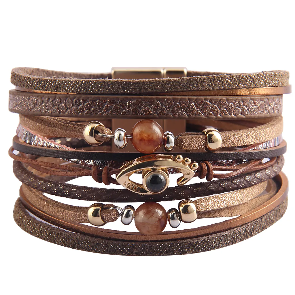 Bangles Jewelry Rhinestone Crystal Metal Charm Wide Multilayer Pu Leather Bracelet For Women