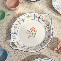 Service de vaisselle en céramique écologique, motif floral vintage, assiettes et bols – Compatible micro-ondes et lave-vaisselle, style rétro chic pour café